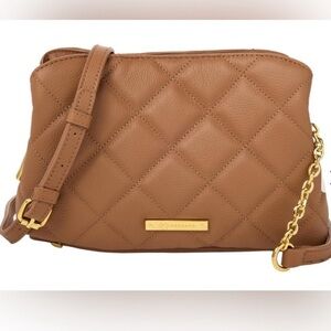 NWOT Joy First Class Luxury Leather Quilted Chic Crossbody Bag -Saddle